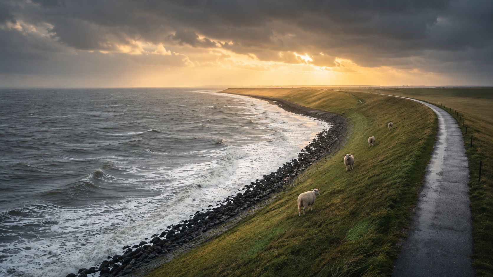Deich an der Nordseeküste mit Schafen — Blick über Wellen, Deichkrone und Weg