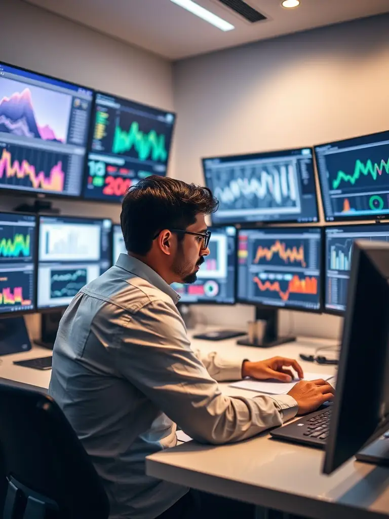 A professional photograph of a data analyst reviewing marketing data on a computer screen, highlighting the data-driven approach of Deich Dynamics Solutions.